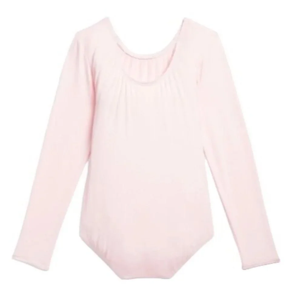 Kids Scoop Neck Long Sleeve Leotard Bodysuit Theatrical Pink Size L Class Stage